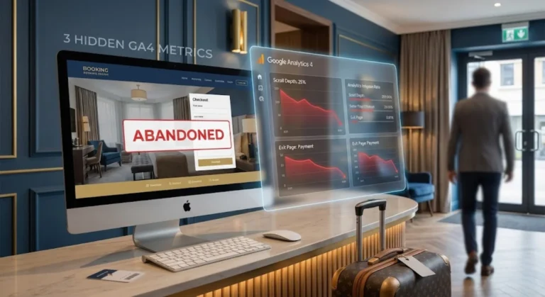 A hotel computer displaying an "Abandoned" checkout screen next to a holographic Google Analytics 4 dashboard showing negative trends.