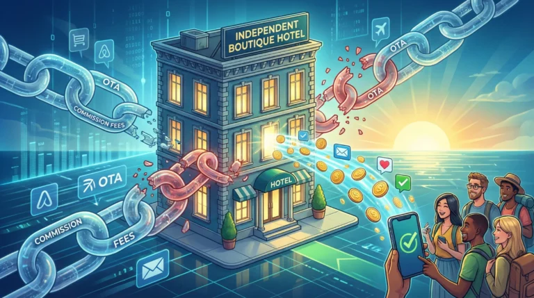 A digital illustration showing an independent boutique hotel breaking free from large chains labeled "OTA" and "Commission Fees," while money and guest data flow directly from a smartphone booking app to the hotel.
