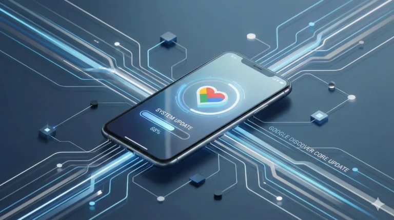 Isometric 3D illustration of a smartphone resting on a futuristic circuit board with glowing blue data streams. The phone's screen shows the multi-colored Google Discover heart icon, a circular loading bar, and text that reads "SYSTEM UPDATE 68%". Text embedded in the circuit board background reads "GOOGLE DISCOVER CORE UPDATE".