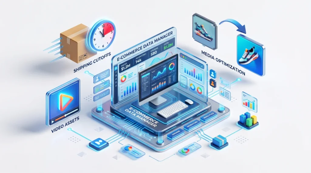 A high-tech 3D isometric graphic showing an "E-Commerce Data Manager" interface with digital dashboards, surrounded by icons for shipping cutoffs, video assets, and media optimization on a clean white background.