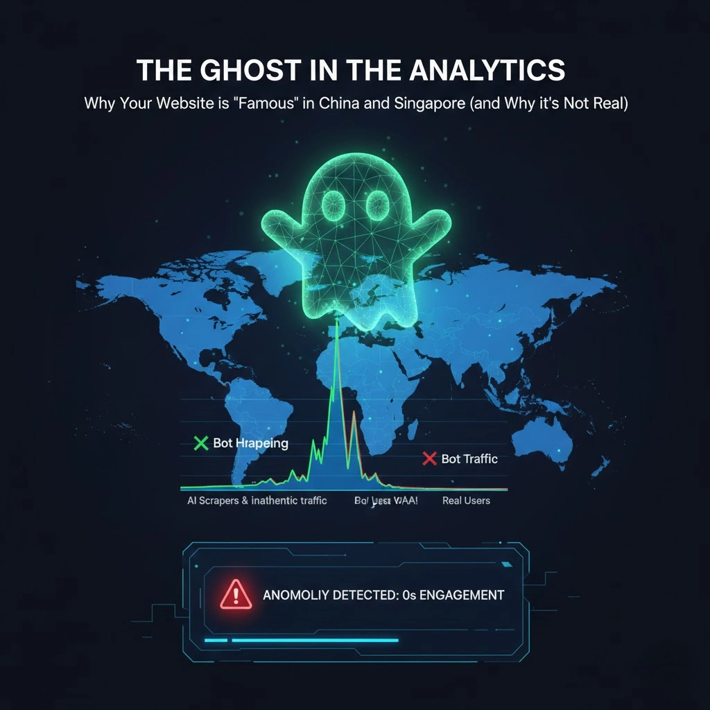 A glowing green ghost icon above a world map highlighting China and Singapore, representing inauthentic GA4 bot traffic with 0s engagement.