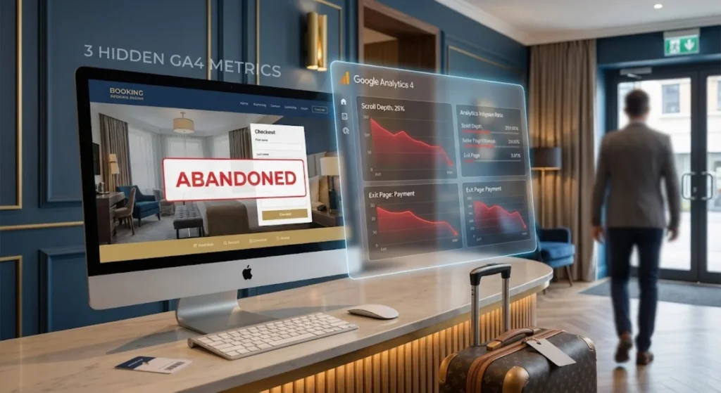 A hotel computer displaying an "Abandoned" checkout screen next to a holographic Google Analytics 4 dashboard showing negative trends.