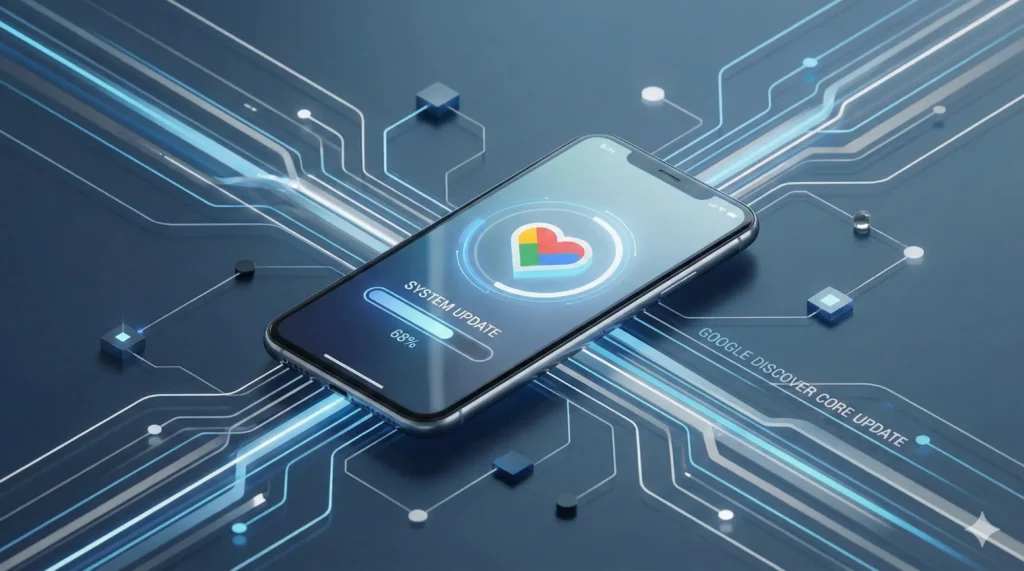 Isometric 3D illustration of a smartphone resting on a futuristic circuit board with glowing blue data streams. The phone's screen shows the multi-colored Google Discover heart icon, a circular loading bar, and text that reads "SYSTEM UPDATE 68%". Text embedded in the circuit board background reads "GOOGLE DISCOVER CORE UPDATE".