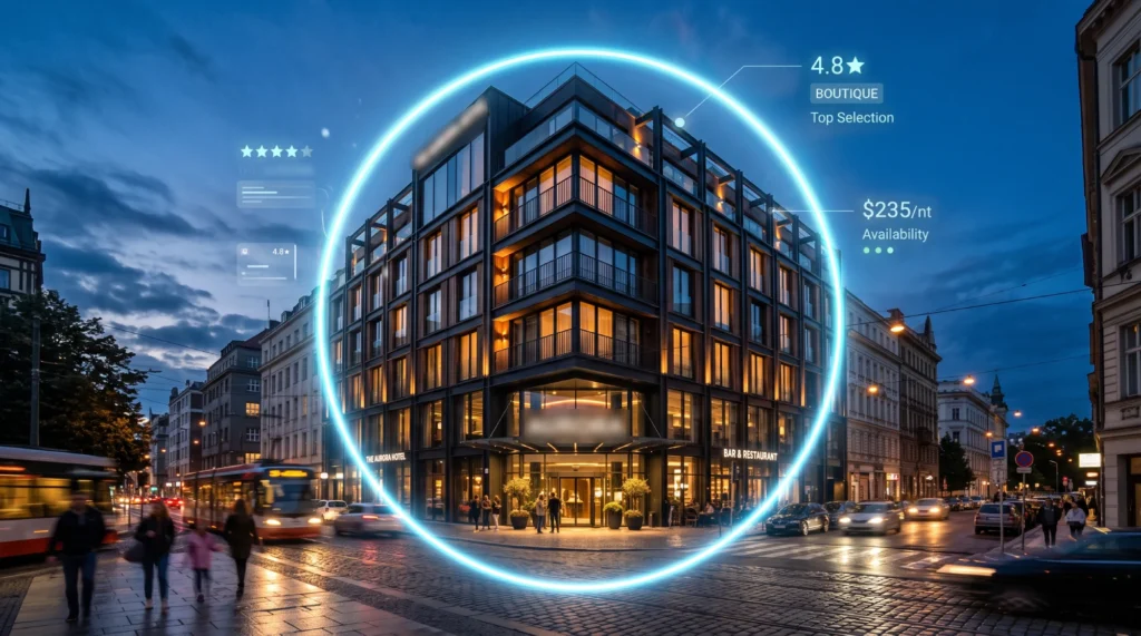 Modern boutique hotel at night with digital interface showing guest rating, room price, and availability.